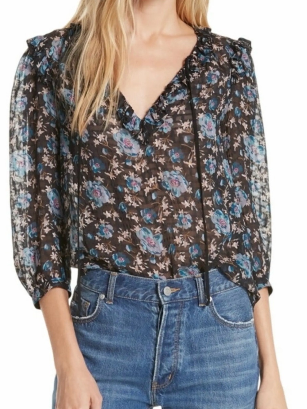 Rebecca Taylor Black Sheer V-Neck Blouse with Blue Floral Print